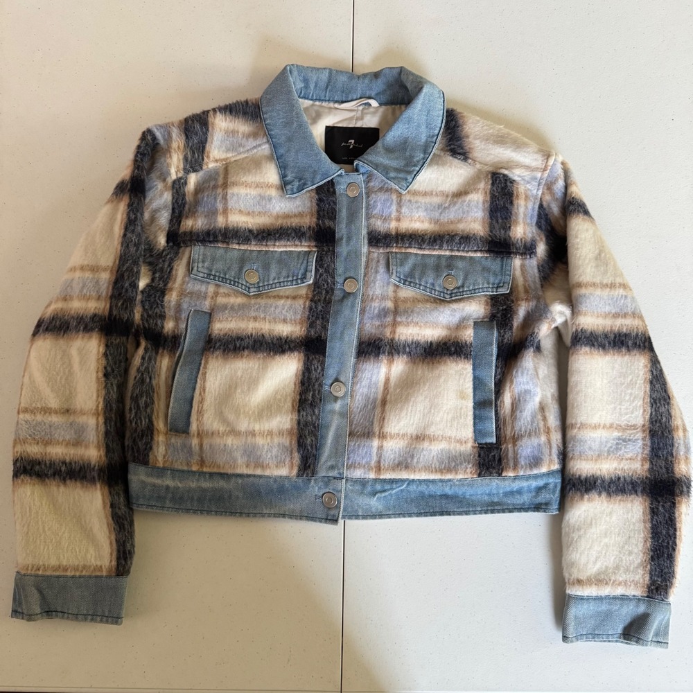 7 For All Mankind Shacket Plaid Denim Crop Jacket Women Size Medium Blue White